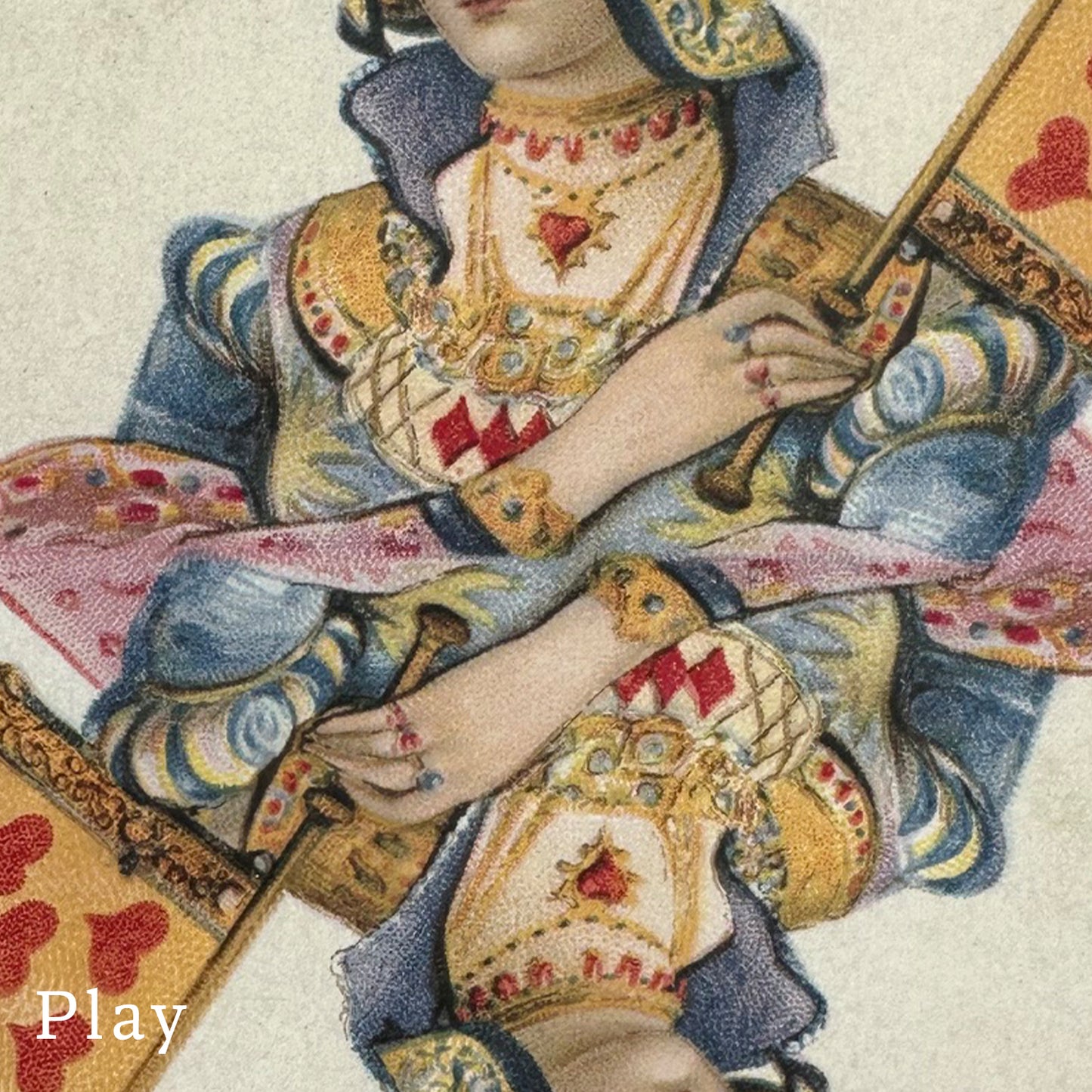 Close-up of an antique playing card showing a Queen in ornate clothing with a 'Play' button visible.