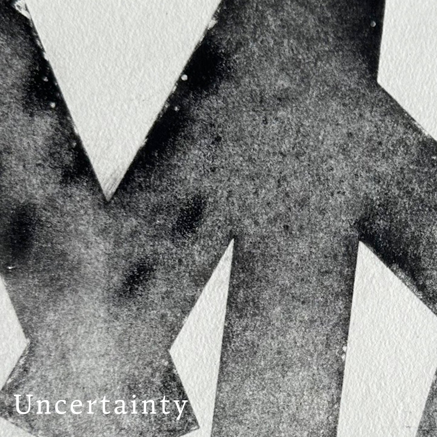 Intaglio print of a black and white abstract design with the word 'Uncertainty' at the bottom.