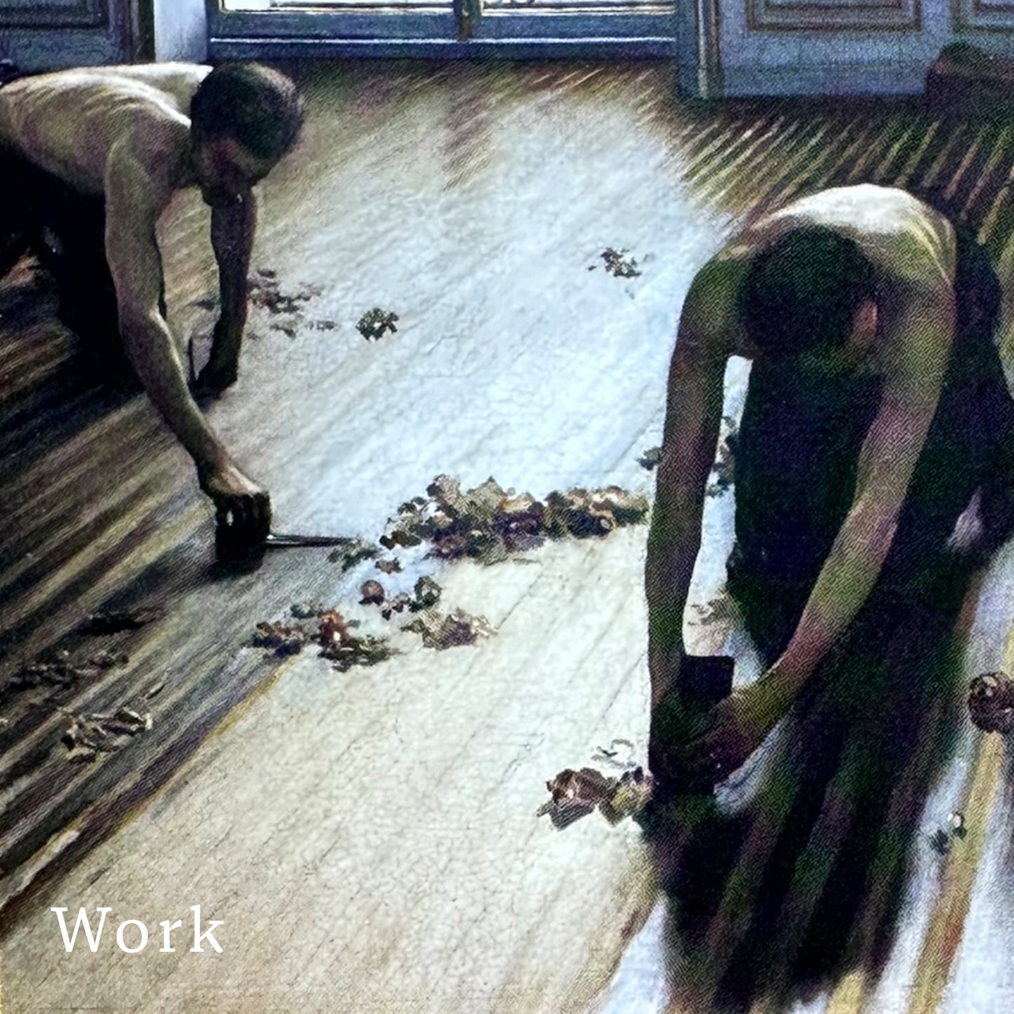 Painting by Gustave Caillebotte showing two people working on a wooden floor with tools and materials.