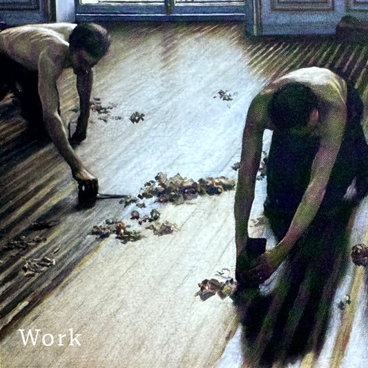 Painting by Gustave Caillebotte showing two people working on a wooden floor with tools and materials.