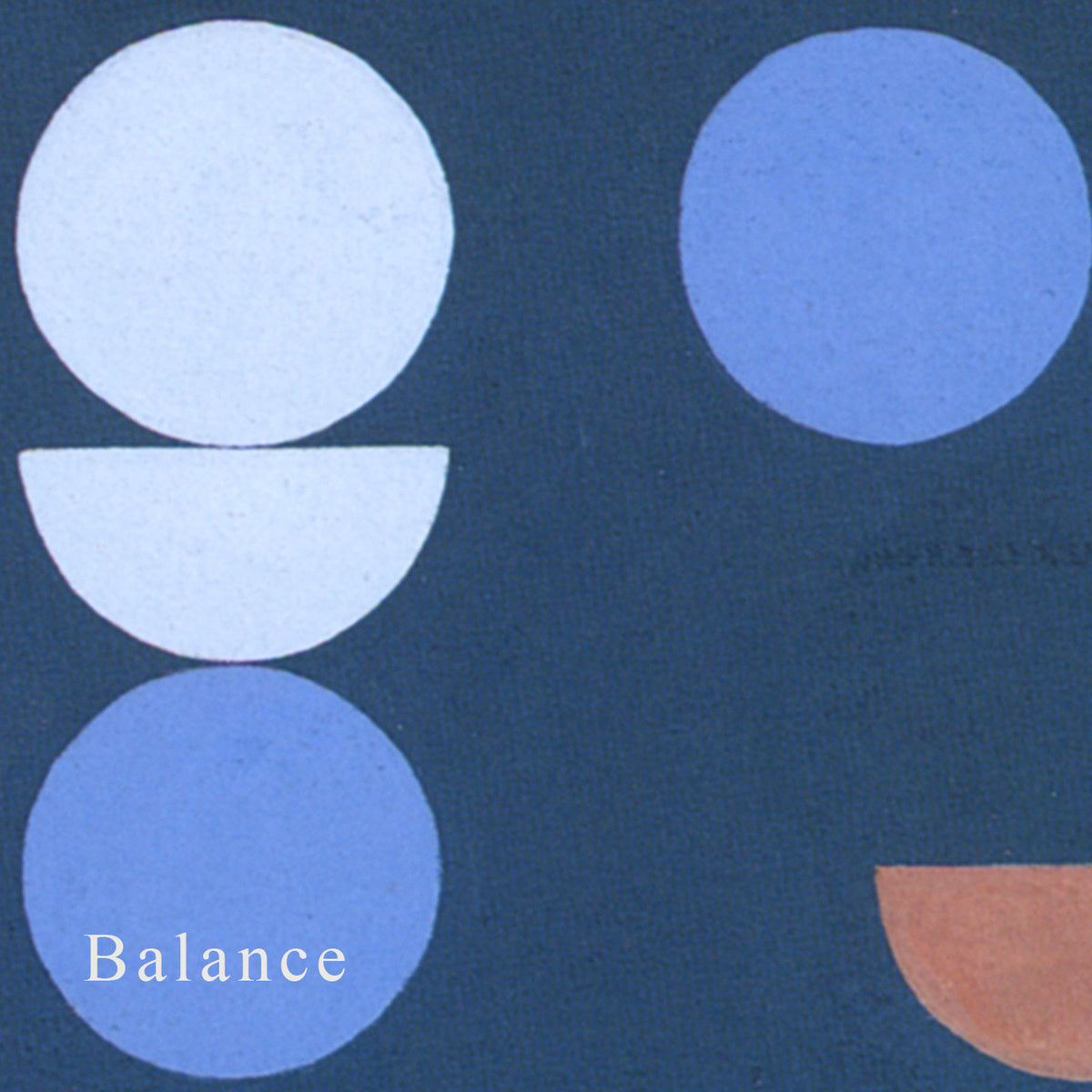 Abstract geometric artwork featuring light blue, medium blue, and white circular and semicircular shapes on a dark navy textured background, with the word 'Balance' in white near the lower left.