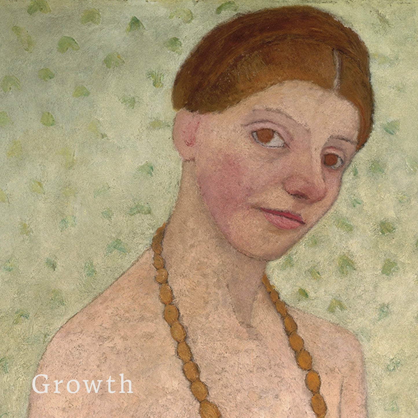 A textured portrait painting of a young woman with reddish-brown hair, wearing a beaded necklace, set against a pale green patterned background. The word 'Growth' is printed in white text in the lower-left corner.