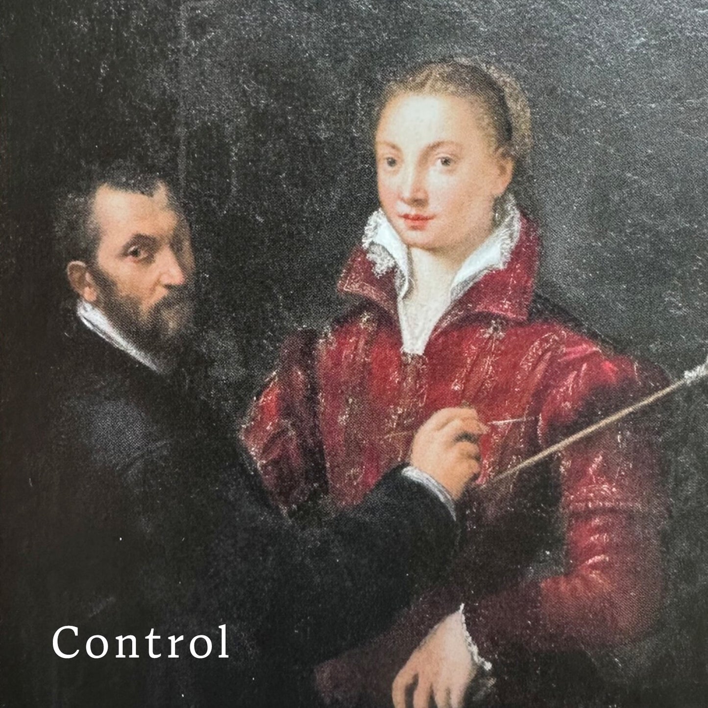 Painting of a man and woman with the word 'Control' at the bottom. We don't know which is artist and which is sitter